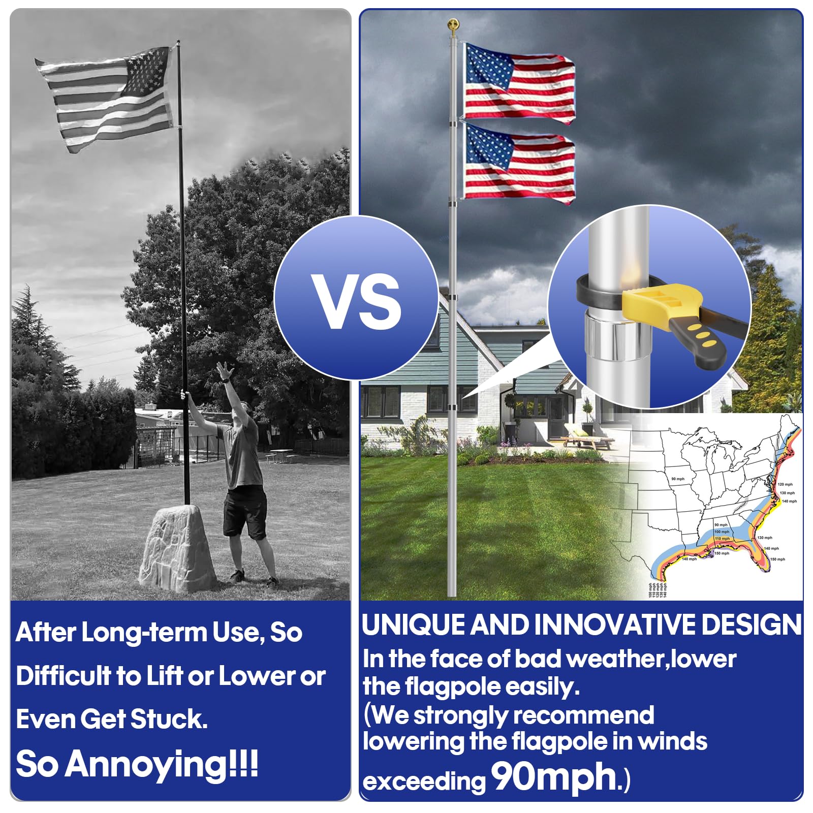 20FT Telescoping Flag Pole Kit, Heavy Duty Aluminum Alloy in Ground Flag Poles for Outside, 3 Display Modes Flagpole with 3x5 American Flag - Outdoor Solar Outlet