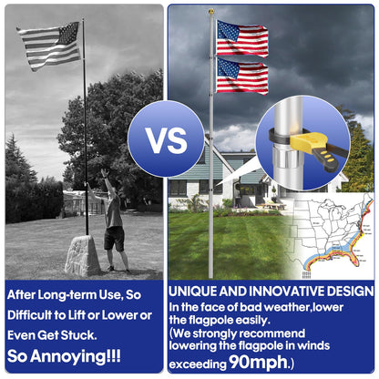 20FT Telescoping Flag Pole Kit, Heavy Duty Aluminum Alloy in Ground Flag Poles for Outside, 3 Display Modes Flagpole with 3x5 American Flag - Outdoor Solar Outlet