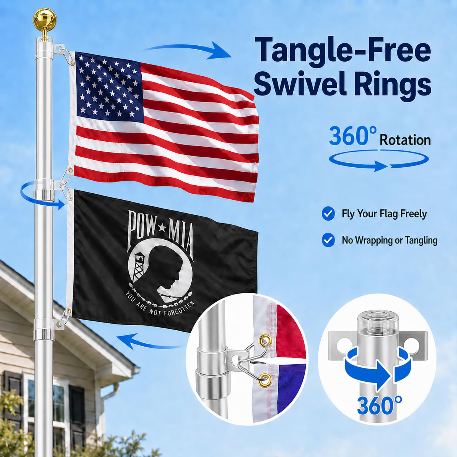 20FT Telescoping Flag Pole Kit, Heavy Duty Aluminum Alloy in Ground Flag Poles for Outside, 3 Display Modes Flagpole with 3x5 American Flag - Outdoor Solar Outlet