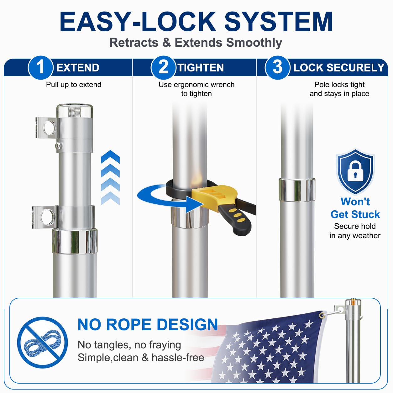 20FT Telescoping Flag Pole Kit, Heavy Duty Aluminum Alloy in Ground Flag Poles for Outside, 3 Display Modes Flagpole with 3x5 American Flag - Outdoor Solar Outlet