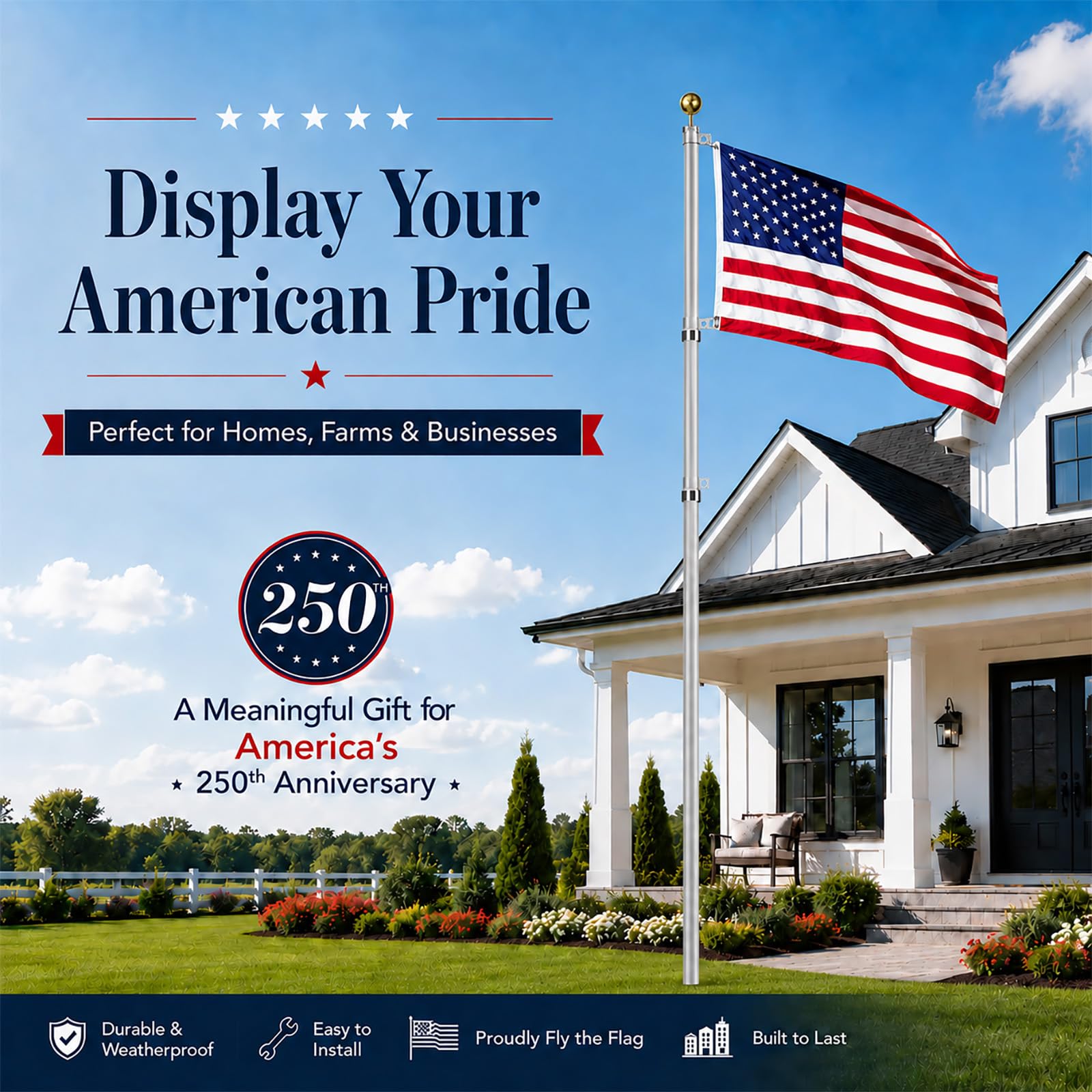 20FT Telescoping Flag Pole Kit, Heavy Duty Aluminum Alloy in Ground Flag Poles for Outside, 3 Display Modes Flagpole with 3x5 American Flag - Outdoor Solar Outlet