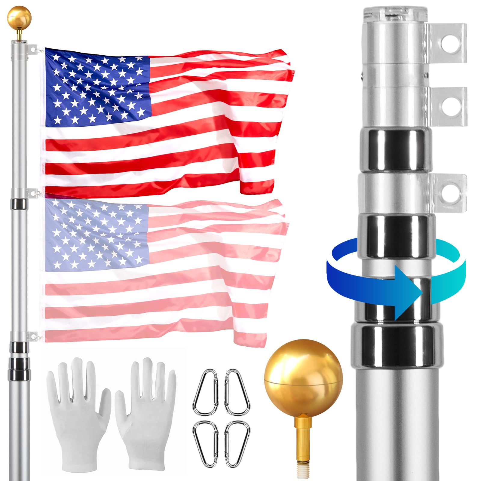 20FT Telescoping Flag Pole Kit, Heavy Duty Aluminum Alloy in Ground Flag Poles for Outside, 3 Display Modes Flagpole with 3x5 American Flag