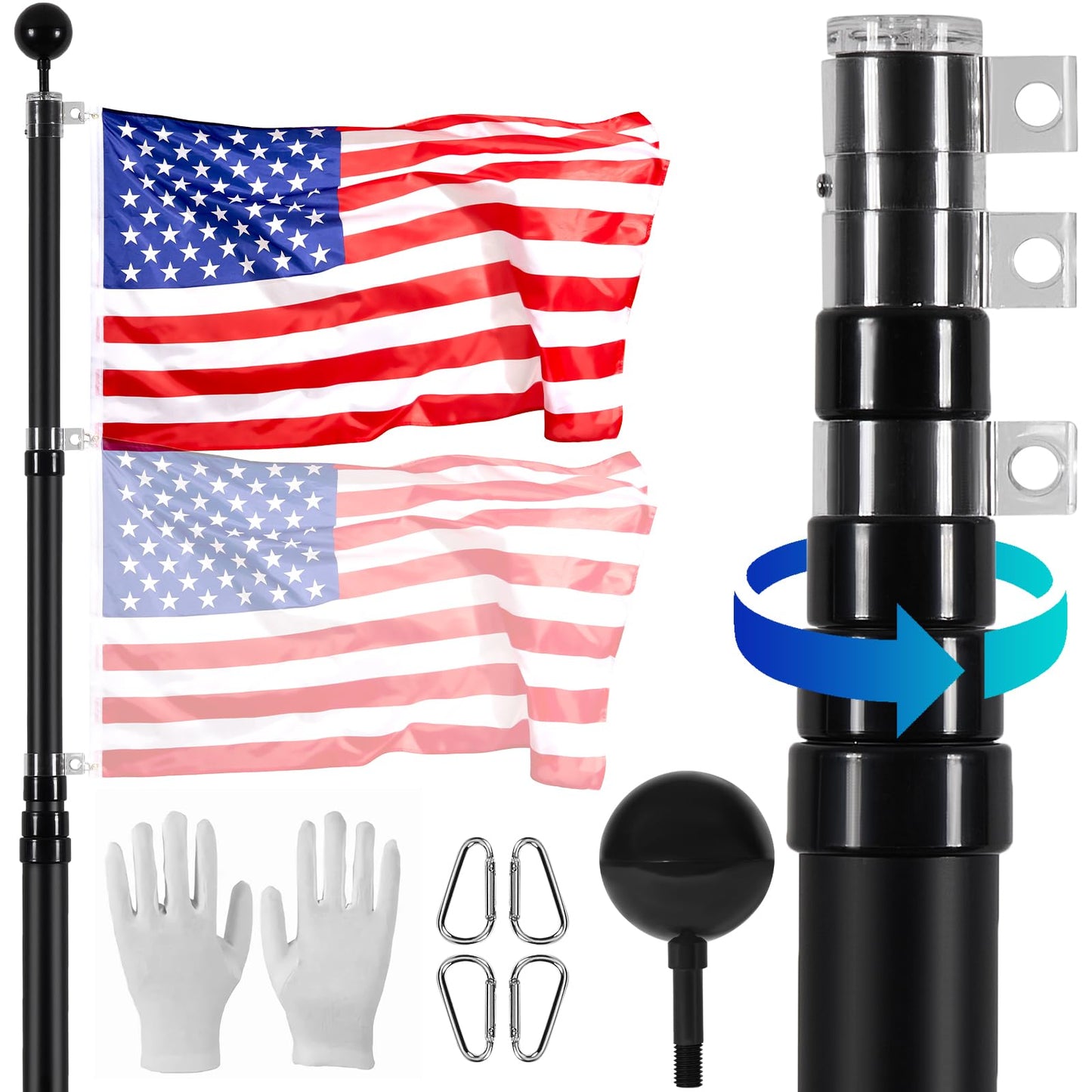 20FT Telescoping Flag Pole Kit, Heavy Duty Aluminum Alloy in Ground Flag Poles for Outside, 3 Display Modes Flagpole with 3x5 American Flag - Outdoor Solar Outlet