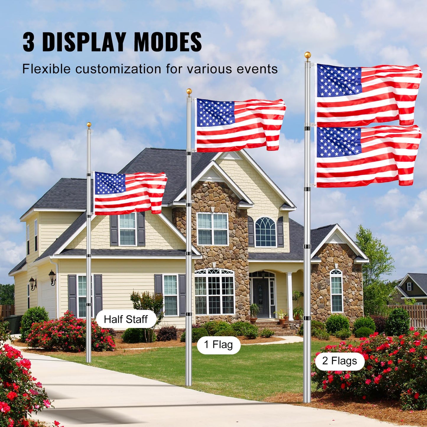 20FT Telescoping Flag Pole Kit, Heavy Duty Aluminum Alloy in Ground Flag Poles for Outside, 3 Display Modes Flagpole with 3x5 American Flag - Outdoor Solar Outlet