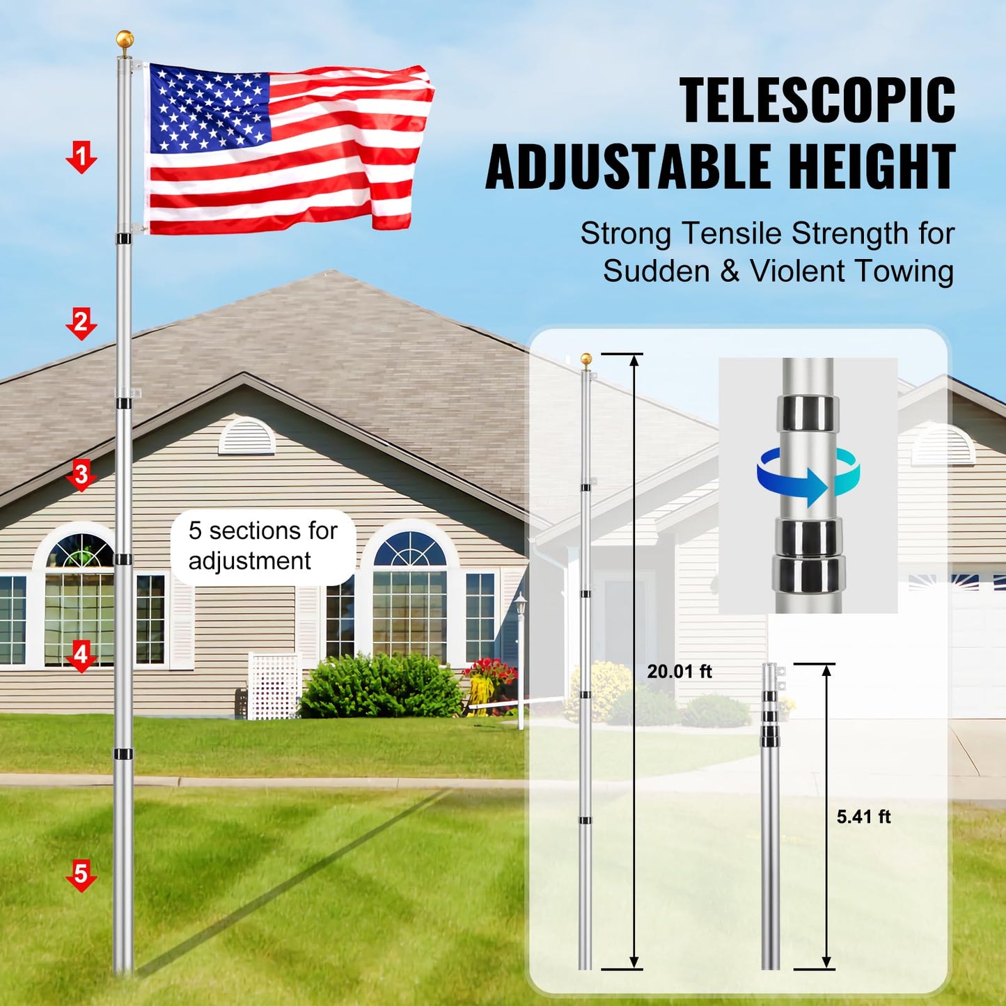 20FT Telescoping Flag Pole Kit, Heavy Duty Aluminum Alloy in Ground Flag Poles for Outside, 3 Display Modes Flagpole with 3x5 American Flag - Outdoor Solar Outlet