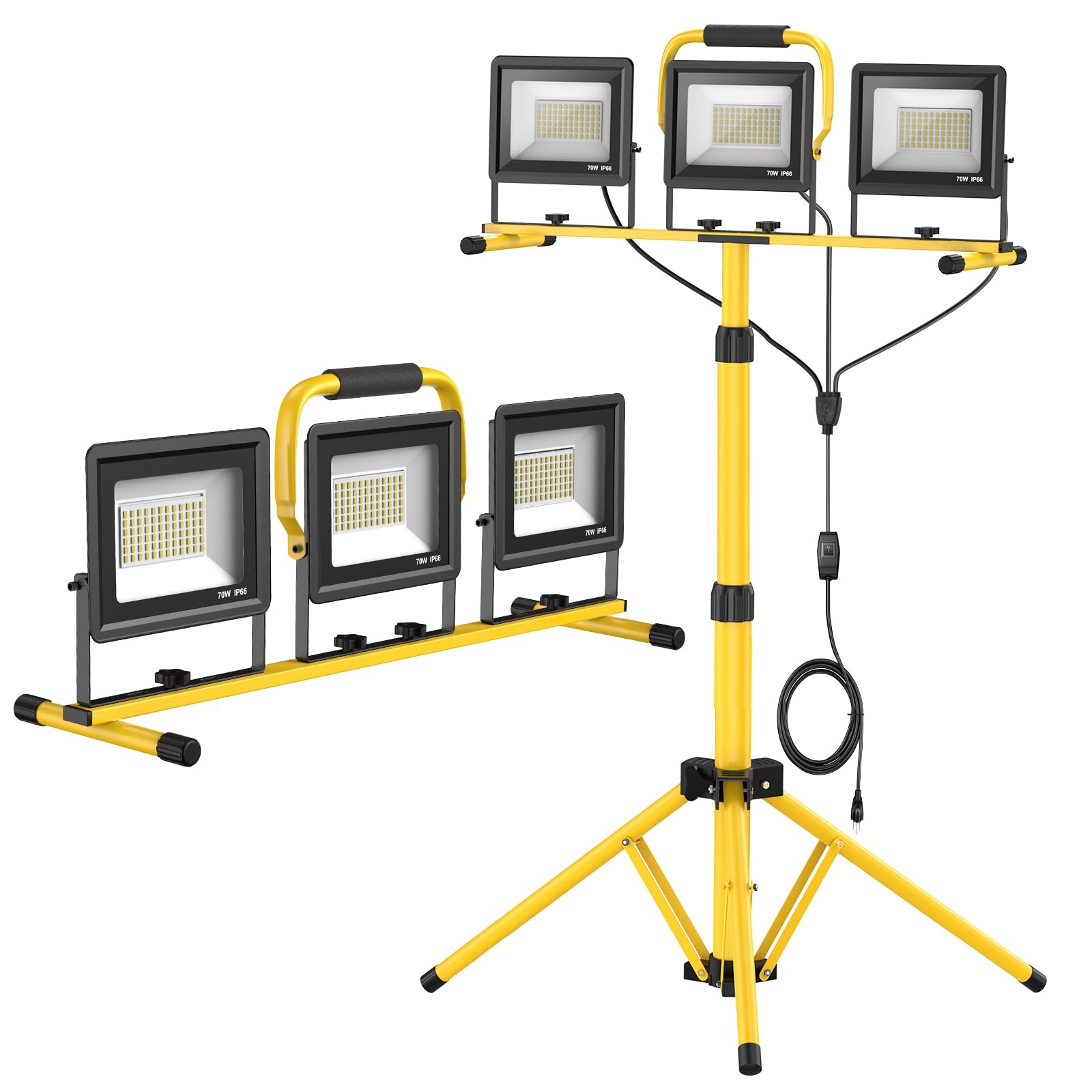 210W Upgraded Plug-In LED Work Lights with Stand, 21000 Lumen, 3-Head Adjustable Work Light, Waterproof Foldable Tripod, Extended Cord