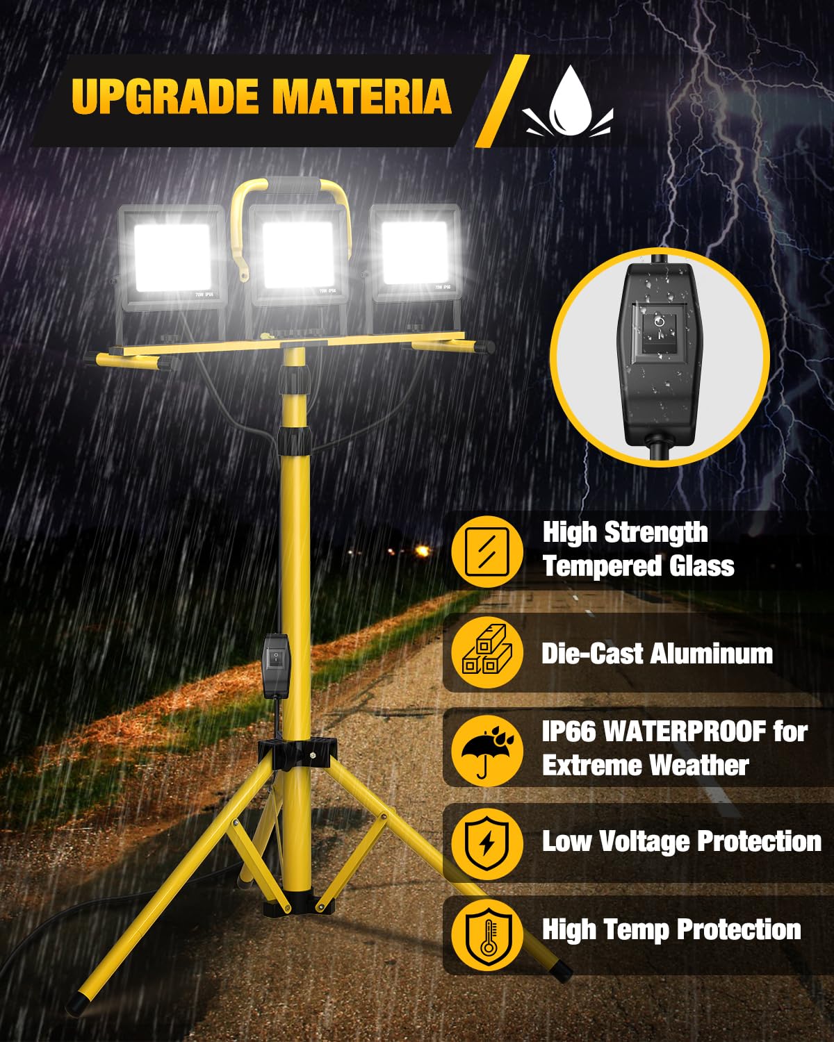 210W Upgraded Plug-In LED Work Lights with Stand, 21000 Lumen, 3-Head Adjustable Work Light, Waterproof Foldable Tripod, Extended Cord - Outdoor Solar Outlet