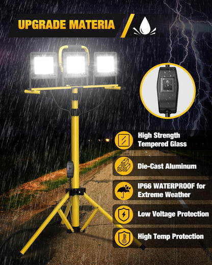 210W Upgraded Plug-In LED Work Lights with Stand, 21000 Lumen, 3-Head Adjustable Work Light, Waterproof Foldable Tripod, Extended Cord - Outdoor Solar Outlet