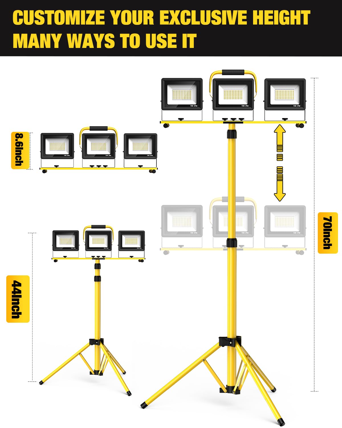 210W Upgraded Plug-In LED Work Lights with Stand, 21000 Lumen, 3-Head Adjustable Work Light, Waterproof Foldable Tripod, Extended Cord - Outdoor Solar Outlet