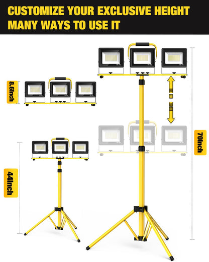 210W Upgraded Plug-In LED Work Lights with Stand, 21000 Lumen, 3-Head Adjustable Work Light, Waterproof Foldable Tripod, Extended Cord - Outdoor Solar Outlet