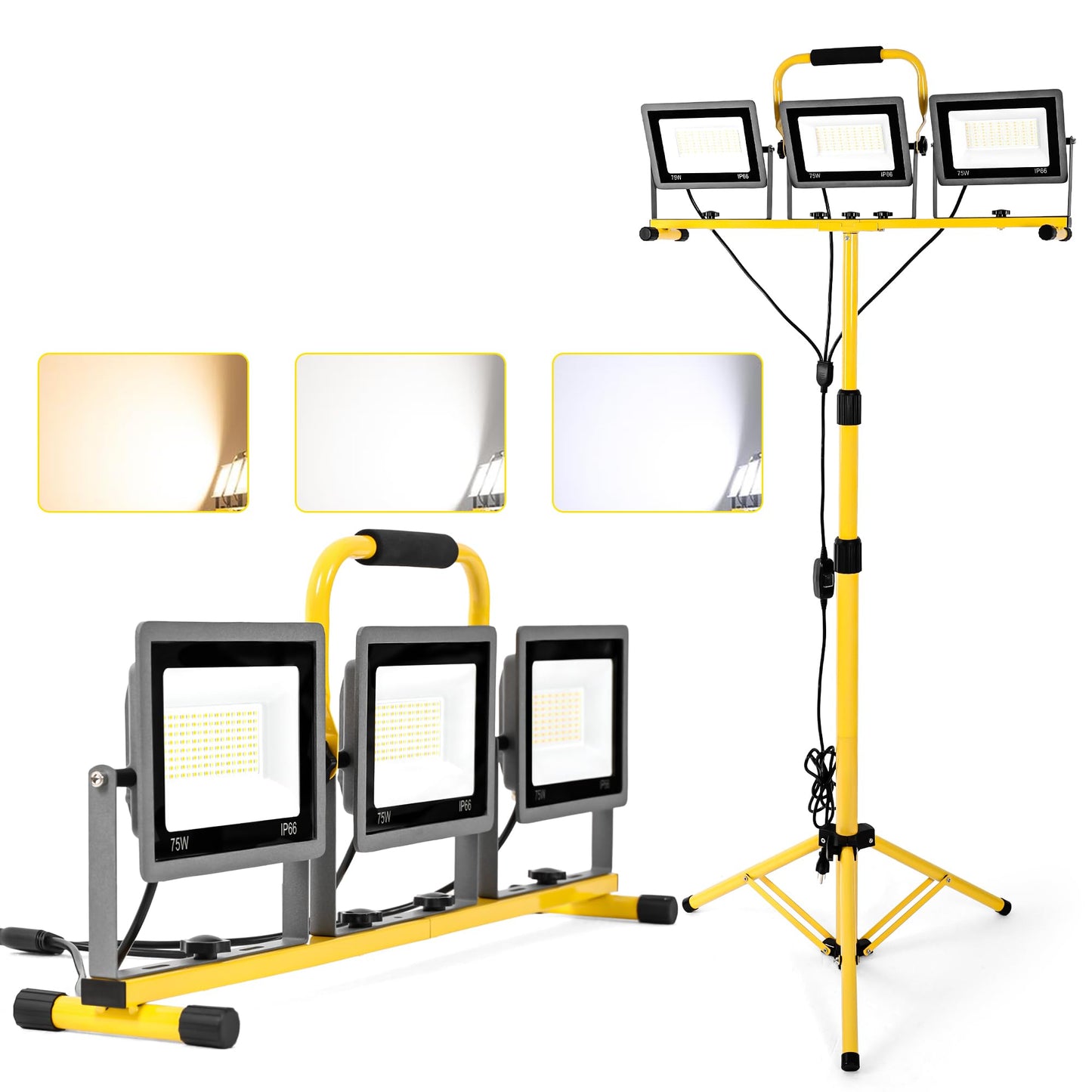 210W Upgraded Plug-In LED Work Lights with Stand, 21000 Lumen, 3-Head Adjustable Work Light, Waterproof Foldable Tripod, Extended Cord - Outdoor Solar Outlet