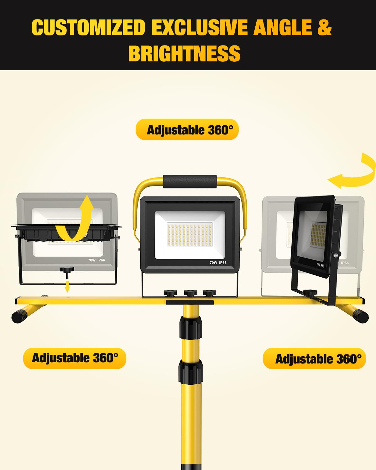 210W Upgraded Plug-In LED Work Lights with Stand, 21000 Lumen, 3-Head Adjustable Work Light, Waterproof Foldable Tripod, Extended Cord - Outdoor Solar Outlet