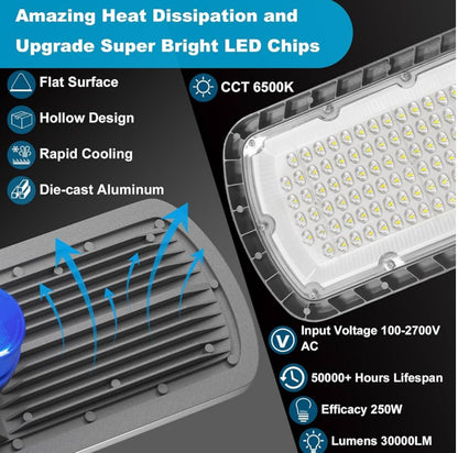 250W LED Hard Wire Electric Parking Lot Lights 30000LM: Dusk to Dawn Outdoor Street Lighting, Commercial Area Security Light with IP65 Waterproof 6500K - Outdoor Solar Outlet
