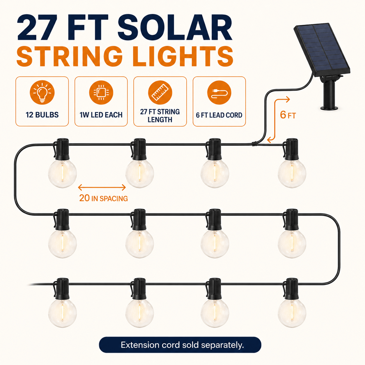 27 Ft Pro - Globe Solar LED Outdoor String Lights – Waterproof, G40 Retro Edison Filament Bulbs -Warm White - Outdoor Solar Outlet