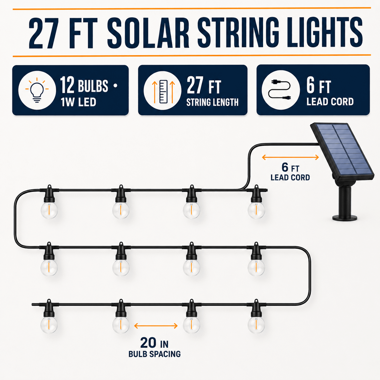 27 Ft Solar LED Outdoor String Lights – 1W Retro Edison Globe Bulbs Waterproof - 27 Ft Bistro Lights - Outdoor Solar Outlet
