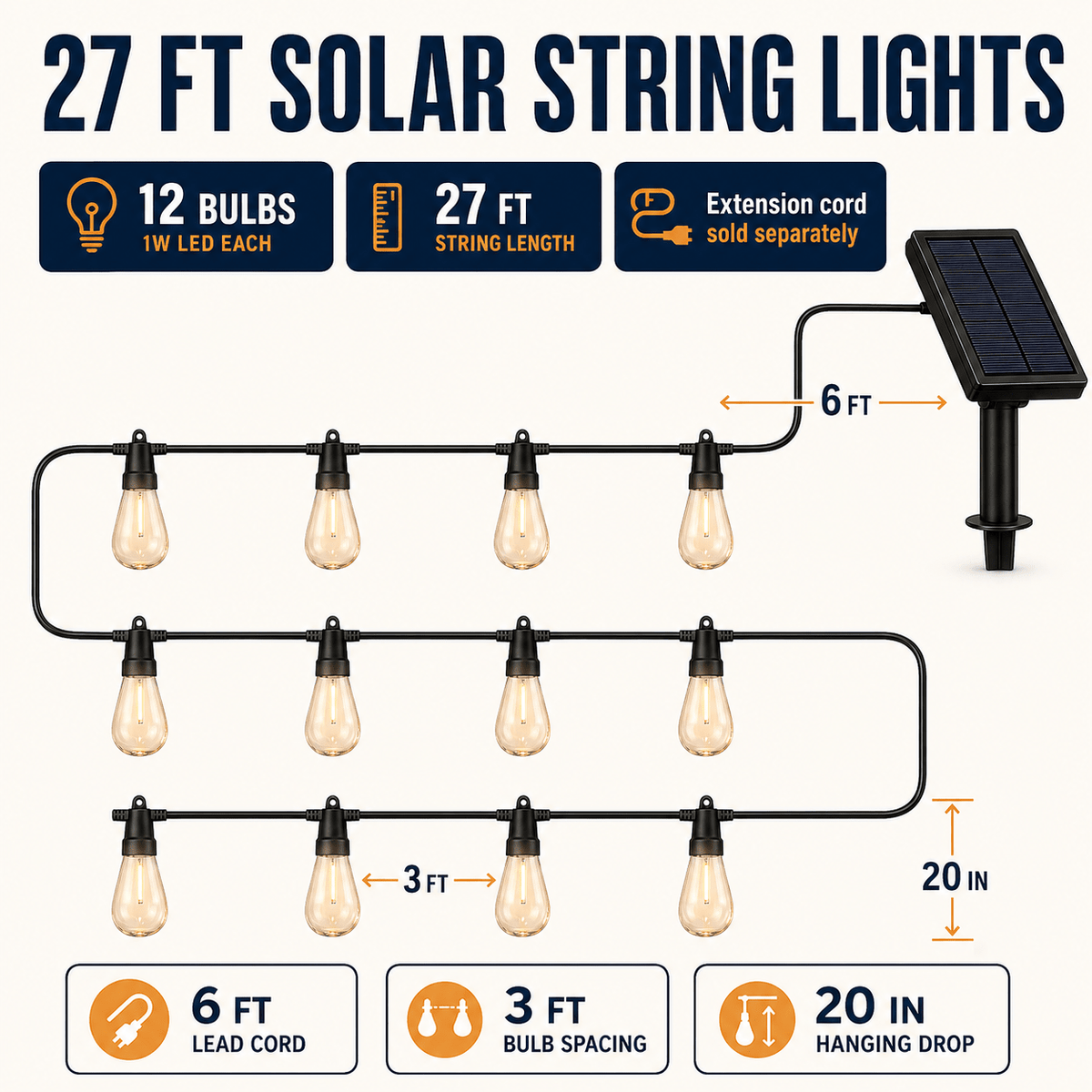 27F Solar Powered String Lights Waterproof LED Hanging Edison Bulb Lights with 12 Bulbs - Outdoor Solar Outlet