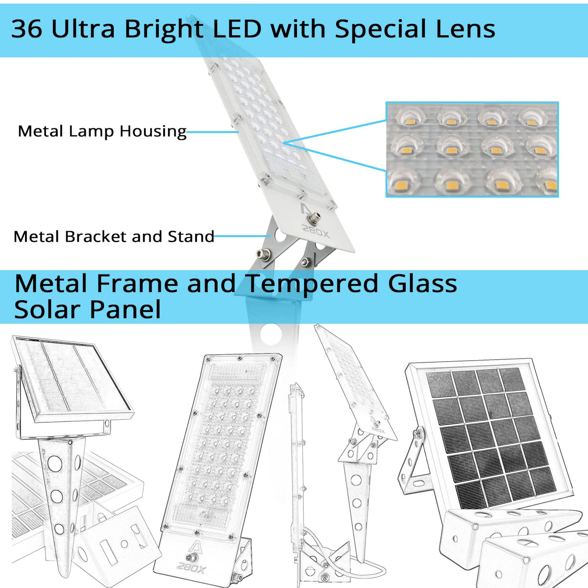 280W Solar Metal Flood Light And Spotlight,36LED 16ft Cable Waterproof Outdoor Landscape Sign 2000 Lumen Auto On/Off Dust to Dawn - Outdoor Solar Outlet