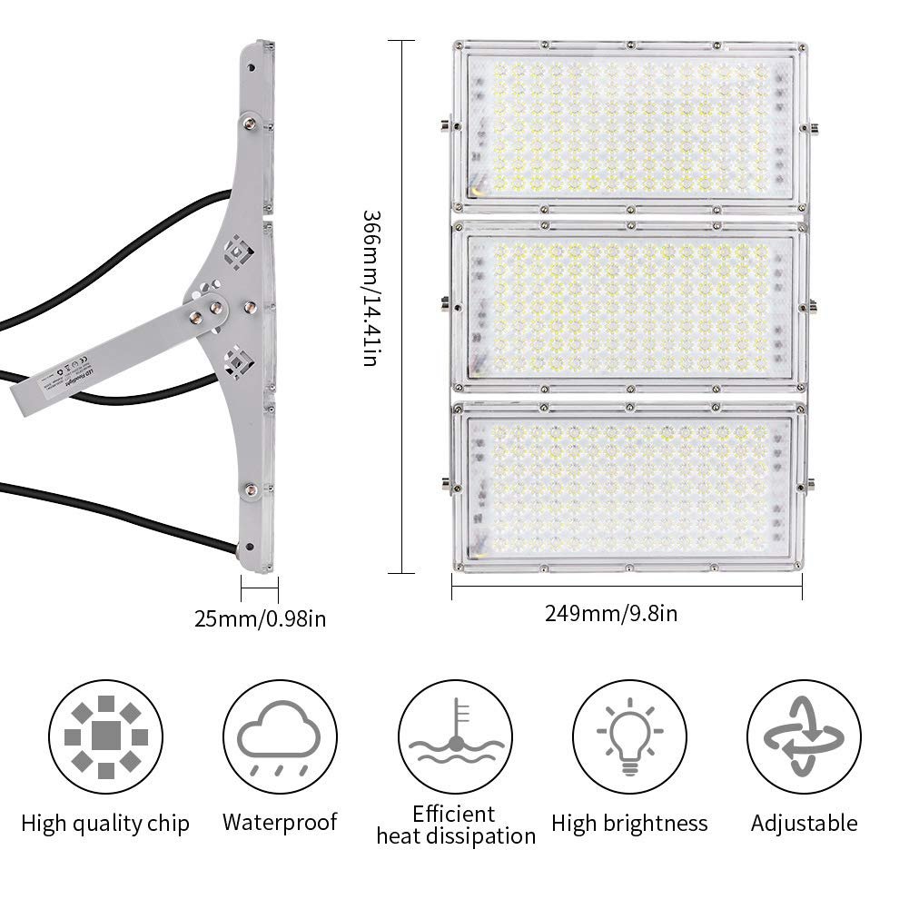 300W LED Flood Light, Hard Wired 24000LM Stadium Lights, 6000K Daylight White, 1500W Halogen Equivalent, IP66 Waterproof - Outdoor Solar Outlet