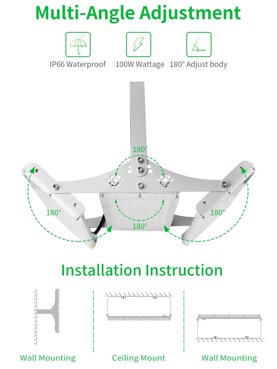 300W LED Flood Light, Hard Wired 24000LM Stadium Lights, 6000K Daylight White, 1500W Halogen Equivalent, IP66 Waterproof - Outdoor Solar Outlet