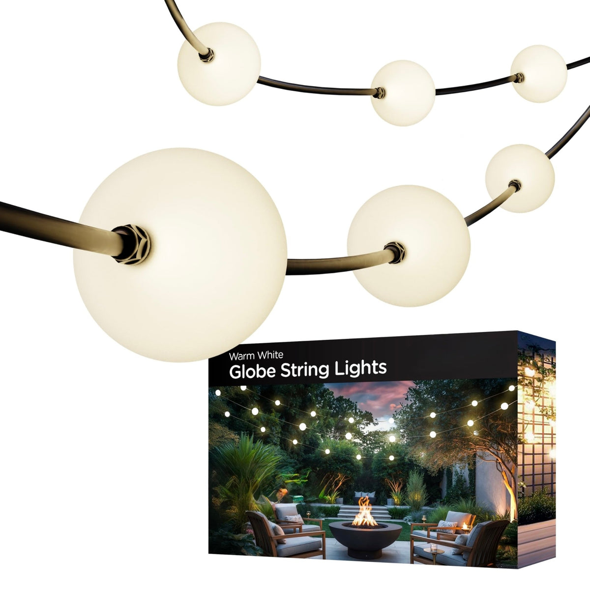 30FT Plug-In LED Strung Light 10 Large 4in Round Bulbs, 2500K Warm White LED G100 Waterproof - Outdoor Solar Outlet