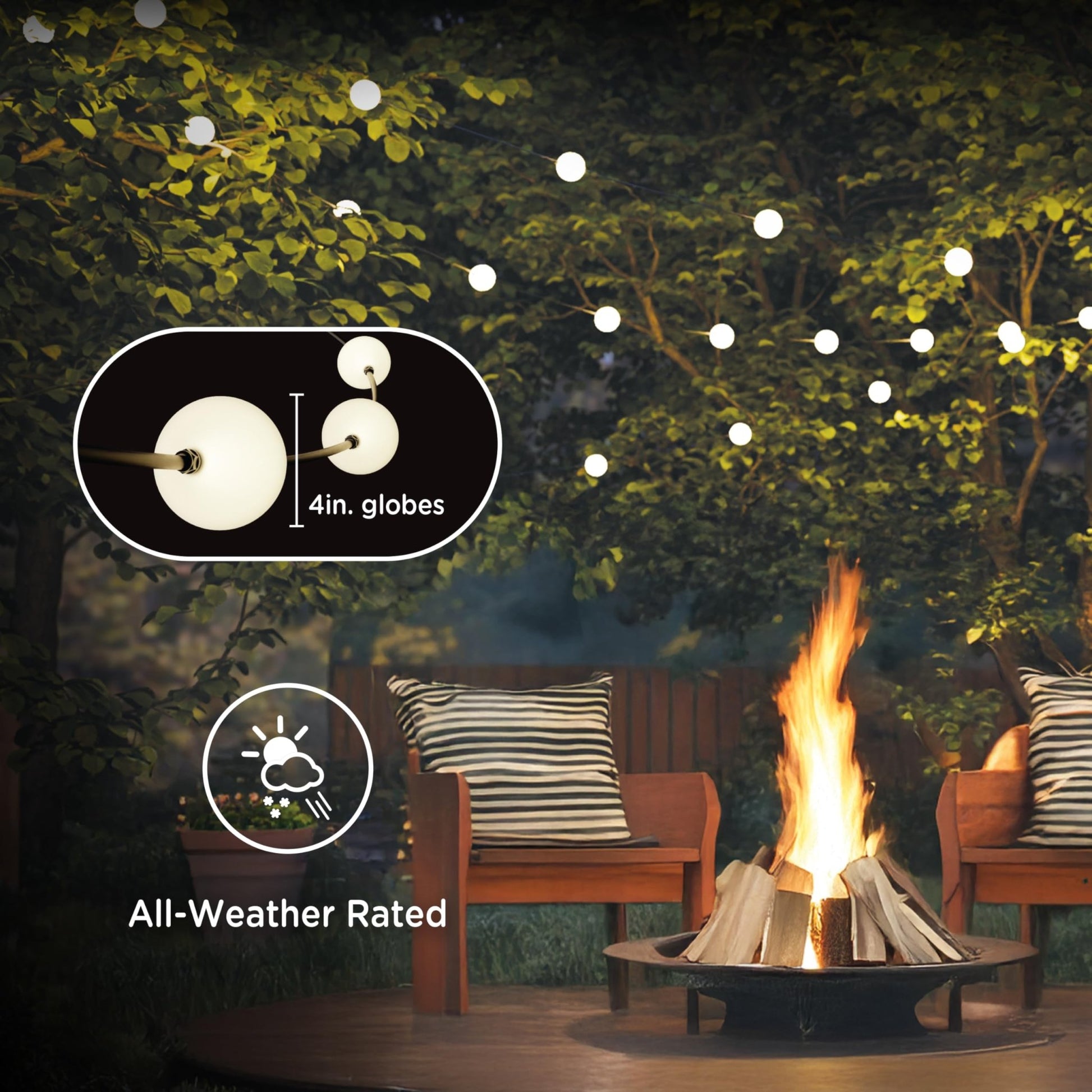 30FT Plug-In LED Strung Light 10 Large 4in Round Bulbs, 2500K Warm White LED G100 Waterproof - Outdoor Solar Outlet