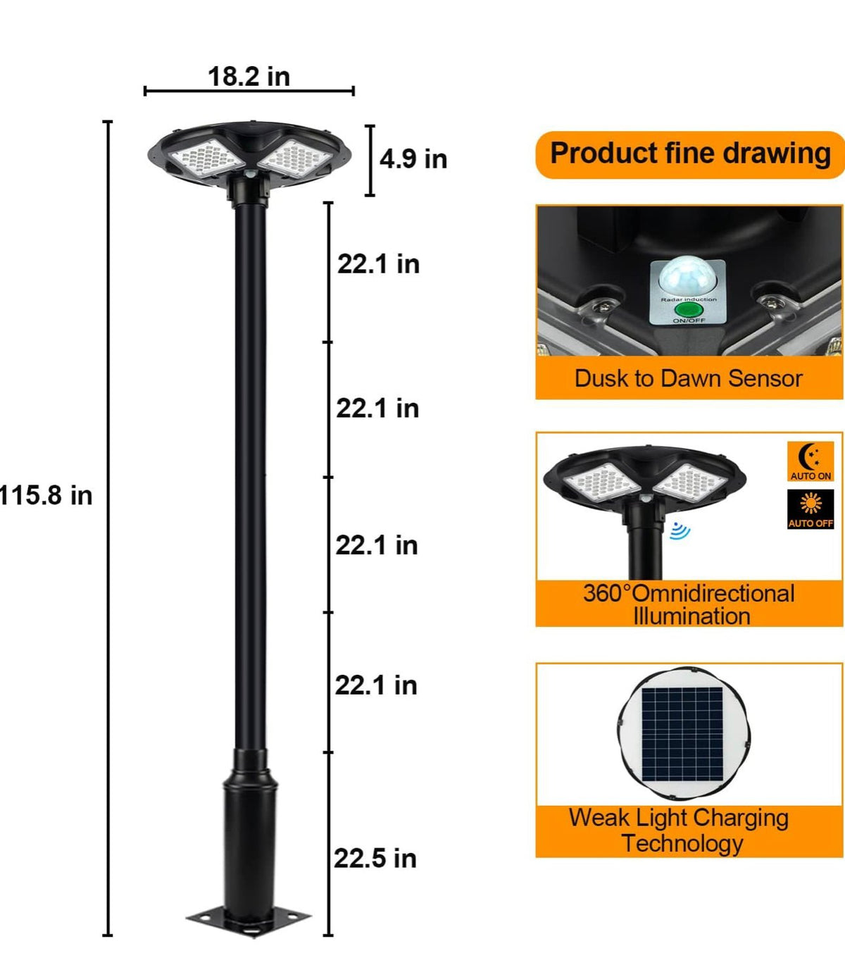 3500W Commercial Solar Round 360° Wide Angle Pole Outdoor Lamp Post Light with 98 inch Pole IP67 Waterproof With Remote - Outdoor Solar Outlet