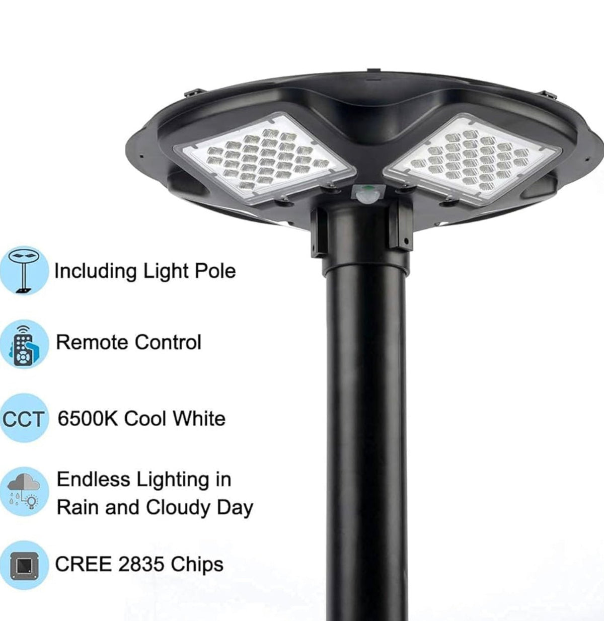 3500W Commercial Solar Round 360° Wide Angle Pole Outdoor Lamp Post Light with 98 inch Pole IP67 Waterproof With Remote - Outdoor Solar Outlet