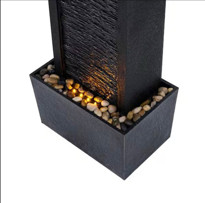 38 in. Tall Outdoor Gray Slate Solar-Powered Waterfall Fountain with LED Lights - Outdoor Solar Outlet
