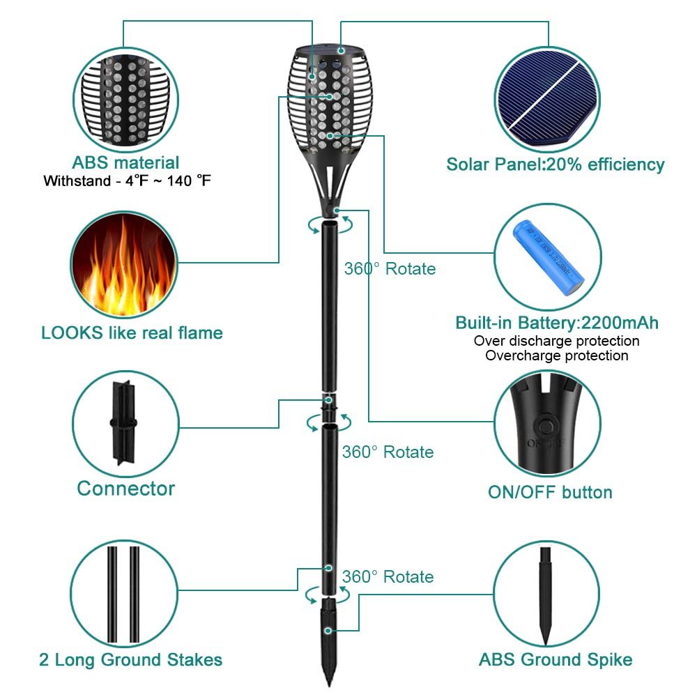 4-Pack Solar Flickering Flames Torch Lights Outdoor Dusk to Dawn Auto On/Off 29 Inch - Outdoor Solar Outlet