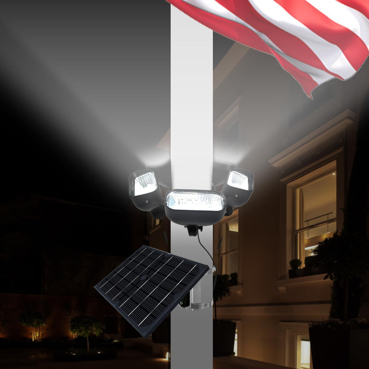 400W Solar Flag Pole Light for 15-40ft flagpole 5 Spotlights，Adjustable Clamps Fits 3-6''Diameter Inground Poles from Dusk to Dawn - Outdoor Solar Outlet