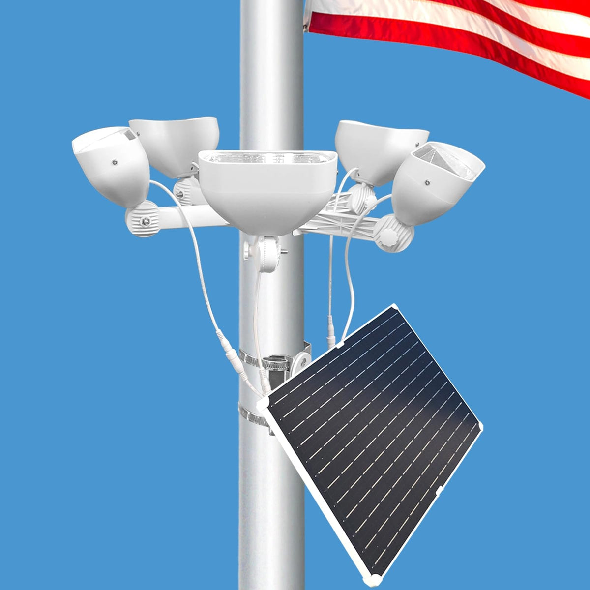 400W Solar Flag Pole Light for 15-40ft flagpole 5 Spotlights，Adjustable Clamps Fits 3-6''Diameter Inground Poles from Dusk to Dawn - Outdoor Solar Outlet