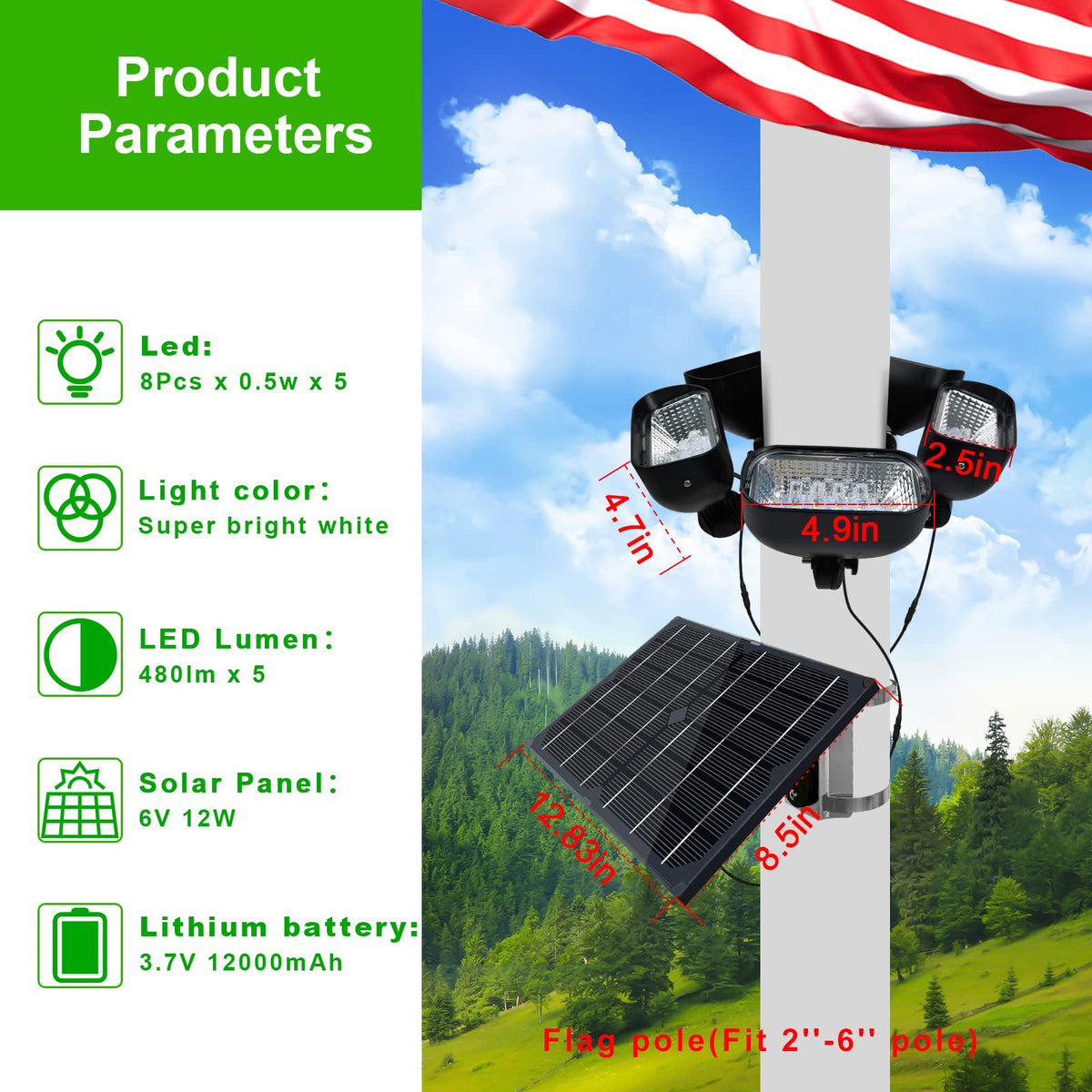 400W Solar Flag Pole Light for 15-40ft flagpole 5 Spotlights，Adjustable Clamps Fits 3-6''Diameter Inground Poles from Dusk to Dawn - Outdoor Solar Outlet