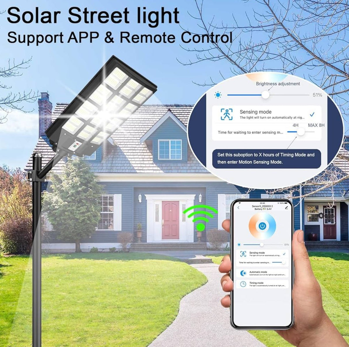 4500W Solar Street Light Outdoor, 250000LM 6500K with Mobile App Remote Control Dusk to Dawn LED Motion Sensor - Outdoor Solar Outlet