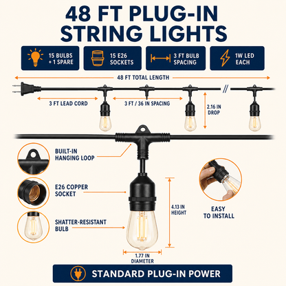 48 Ft Plug-In LED Outdoor String Lights Waterproof- Hanging, Dimmable 2W Vintage Edison Bulbs - Outdoor Solar Outlet
