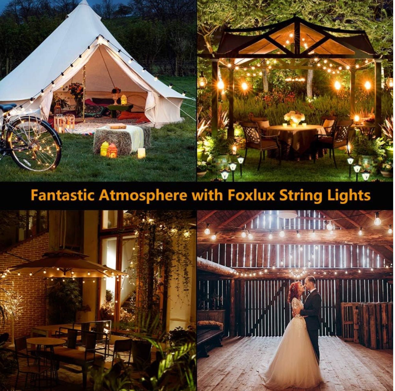 48 Ft Plug-In LED Outdoor String Lights Waterproof- Hanging, Dimmable 2W Vintage Edison Bulbs - Outdoor Solar Outlet