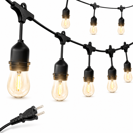 48 Ft Plug-In LED Outdoor String Lights Waterproof- Hanging, Dimmable 2W Vintage Edison Bulbs - Outdoor Solar Outlet