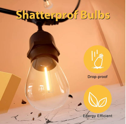 48 Ft Plug-In LED Outdoor String Lights Waterproof- Hanging, Dimmable 2W Vintage Edison Bulbs - Outdoor Solar Outlet