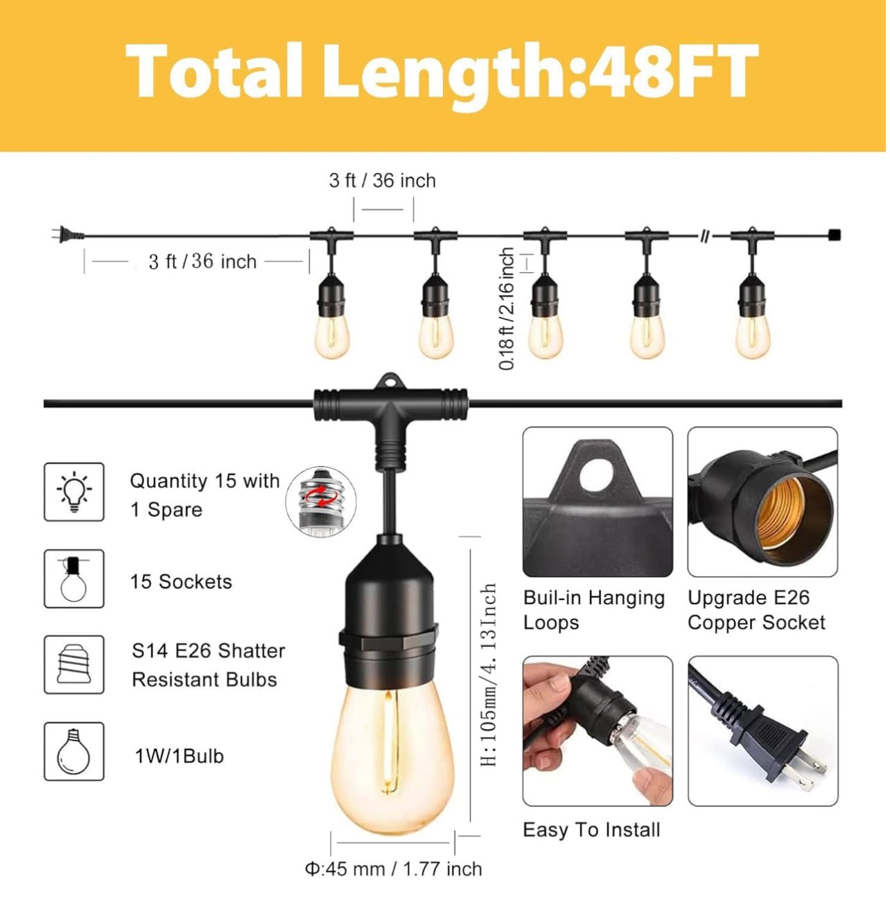 48 Ft Plug-In LED Outdoor String Lights Waterproof- Hanging, Dimmable 2W Vintage Edison Bulbs - Outdoor Solar Outlet