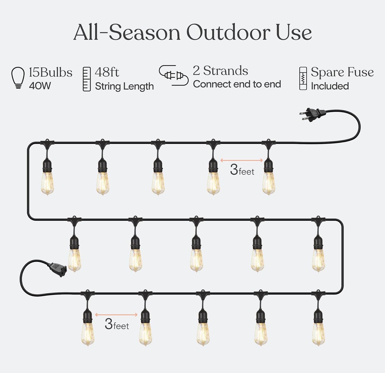 48Ft Pro Vintage Edition Plug-In Outdoor Heavy Quality 40W Commercial String Lights-15 Bulbs - Outdoor Solar Outlet