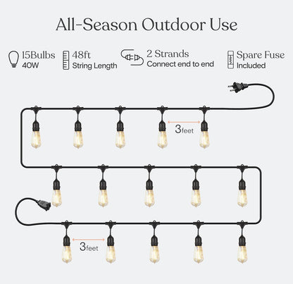 48Ft Pro Vintage Edition Plug-In Outdoor Heavy Quality 40W Commercial String Lights-15 Bulbs - Outdoor Solar Outlet