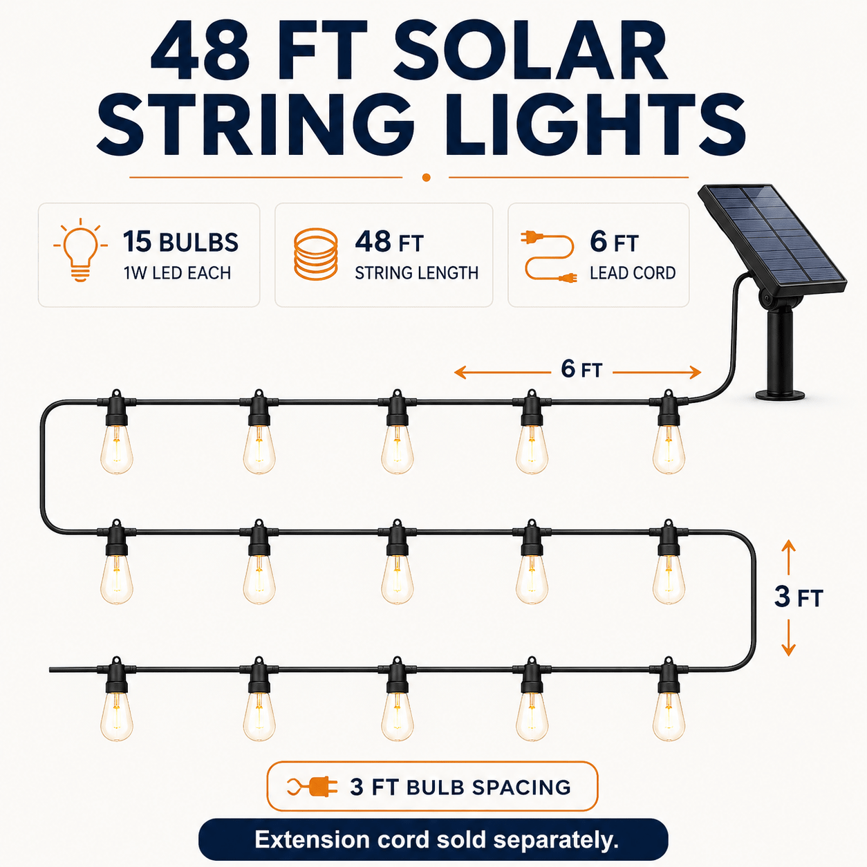 48Ft Solar Powered String Lights Waterproof LED Hanging Edison Bulb Lights with 15 Bulbs - Outdoor Solar Outlet