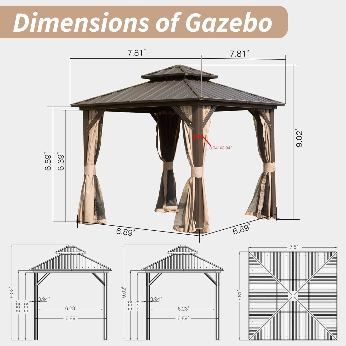 All-Season 8x8ft Hardtop Gazebo: Aluminum Frame, Double Roof, Curtains, & Netting for Protection from Sun, Rain, & Snow