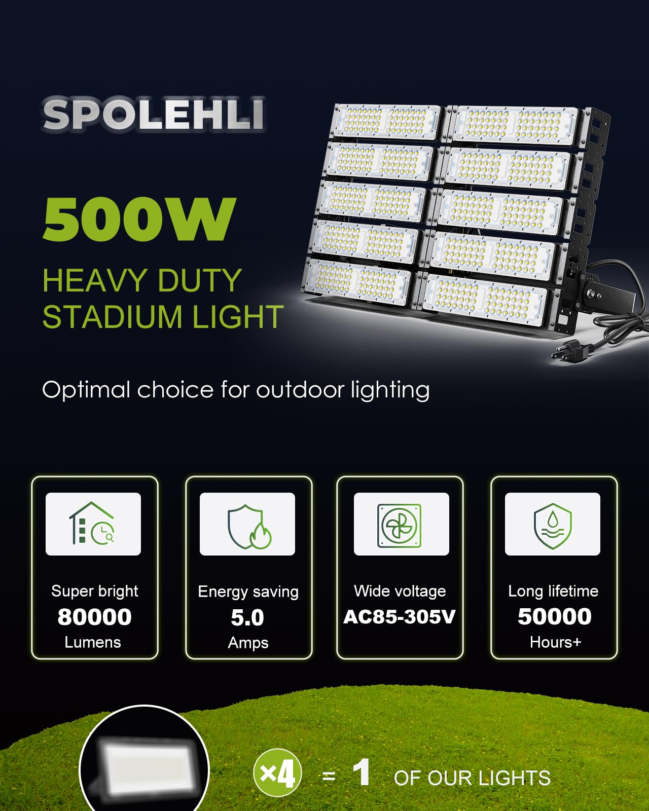500W LED Stadium Flood Lights 3000W Equivalent 80000LM Super Bright LED Arena Lights 85-305V IP66 Waterproof 6500K - Outdoor Solar Outlet