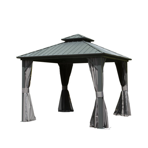 All-Season 8x8ft Hardtop Gazebo: Aluminum Frame, Double Roof, Curtains, & Netting for Protection from Sun, Rain, & Snow