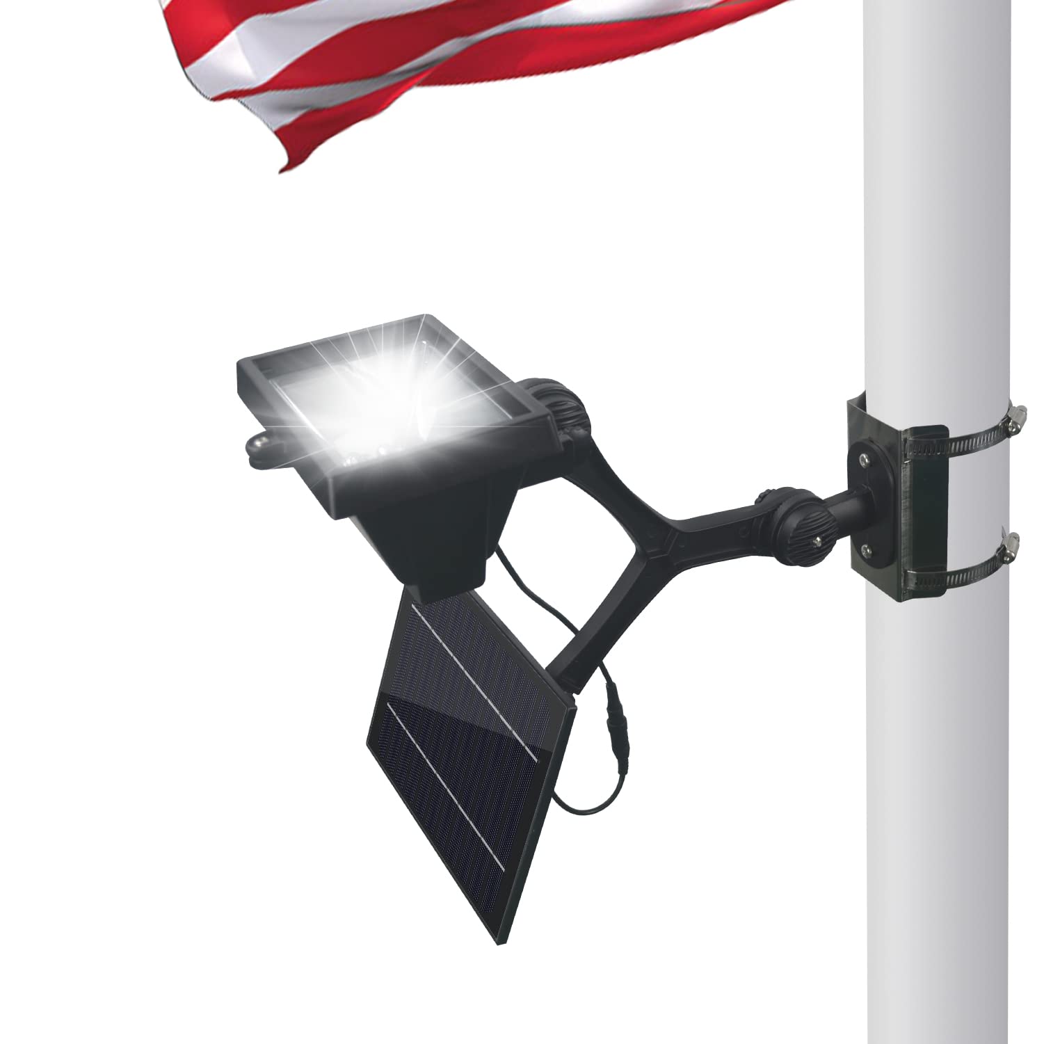 600W Aluminum Flag Pole Light Solar Powered 12 Ultra Bright LED 6000K White Adjustable Metal Clamp Fits 2-6