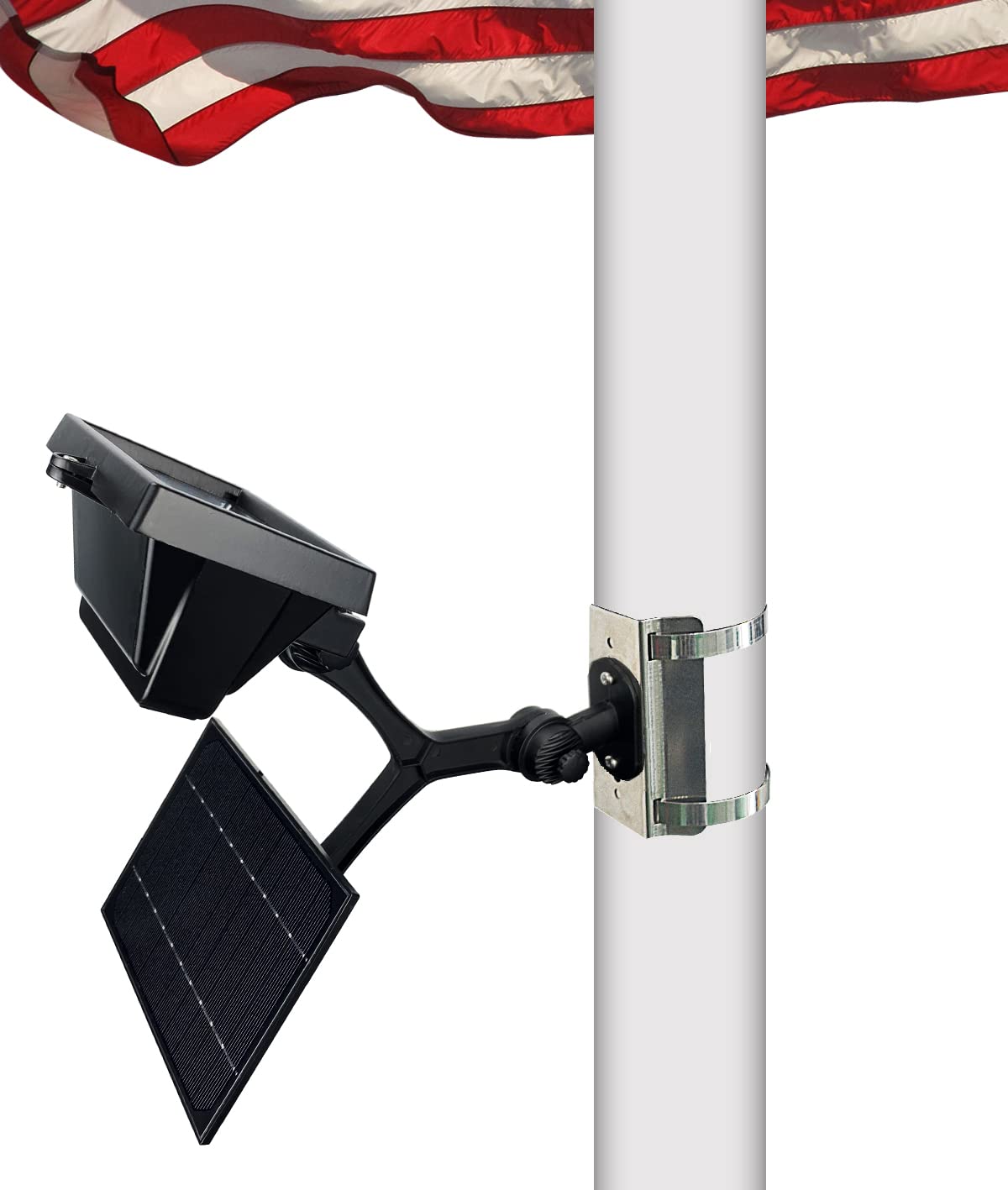 600W Aluminum Flag Pole Light Solar Powered 12 Ultra Bright LED 6000K White Adjustable Metal Clamp Fits 2-6" Diameter Flagpoles Outdoor Dusk to Dawn 100% Coverage Lights Black - Outdoor Solar Outlet