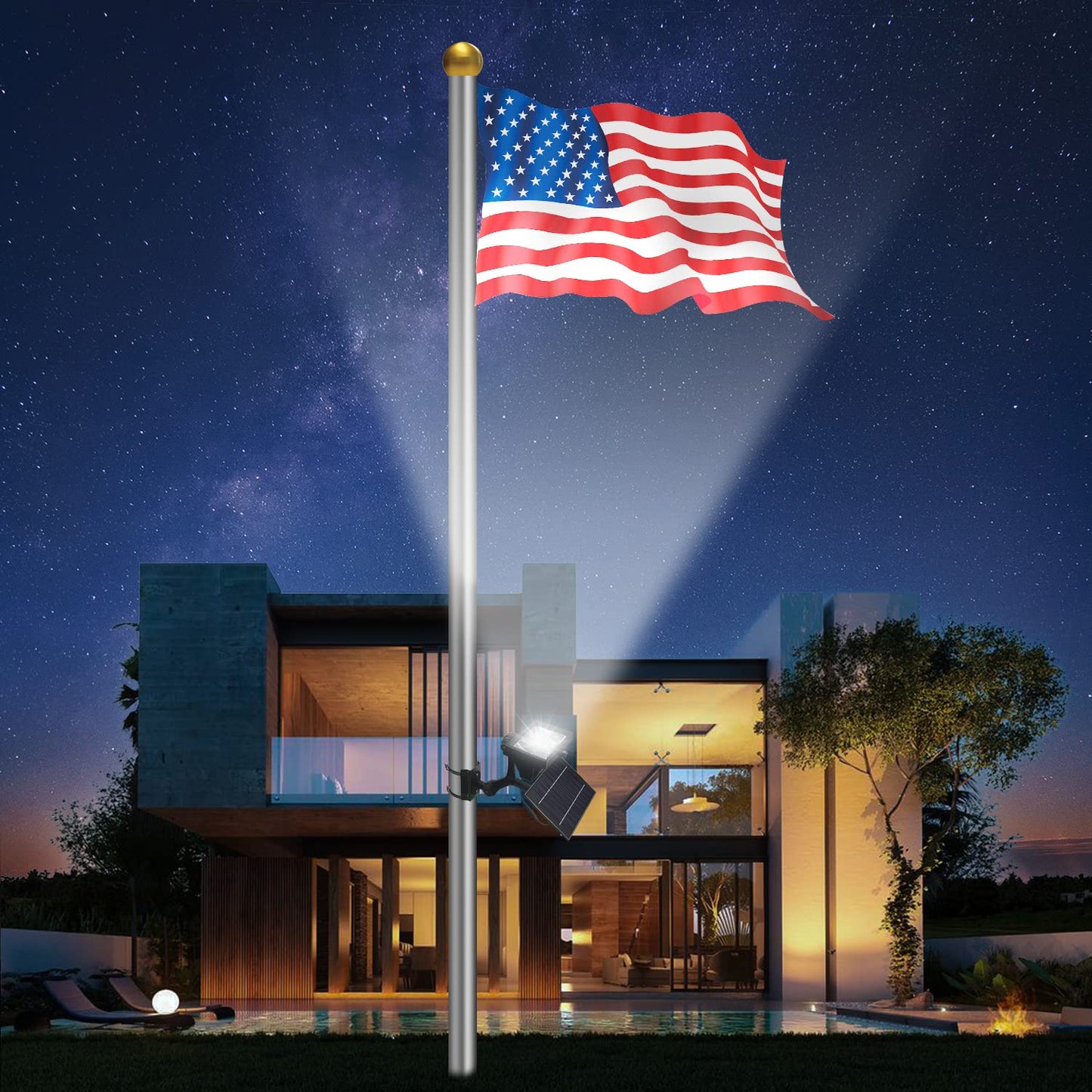 600W Aluminum Flag Pole Light Solar Powered 12 Ultra Bright LED 6000K White Adjustable Metal Clamp Fits 2-6" Diameter Flagpoles Outdoor Dusk to Dawn 100% Coverage Lights Black - Outdoor Solar Outlet