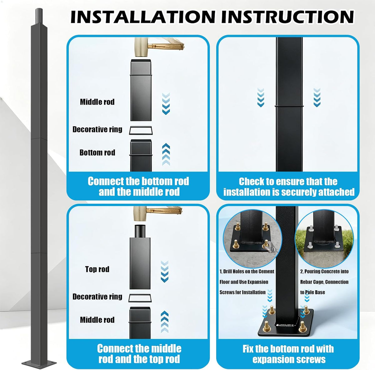 LumenX 10 Ft Square Street Light Pole – Heavy-Duty Split Metal Lamp Post with Base Plate & Anchor Bolts