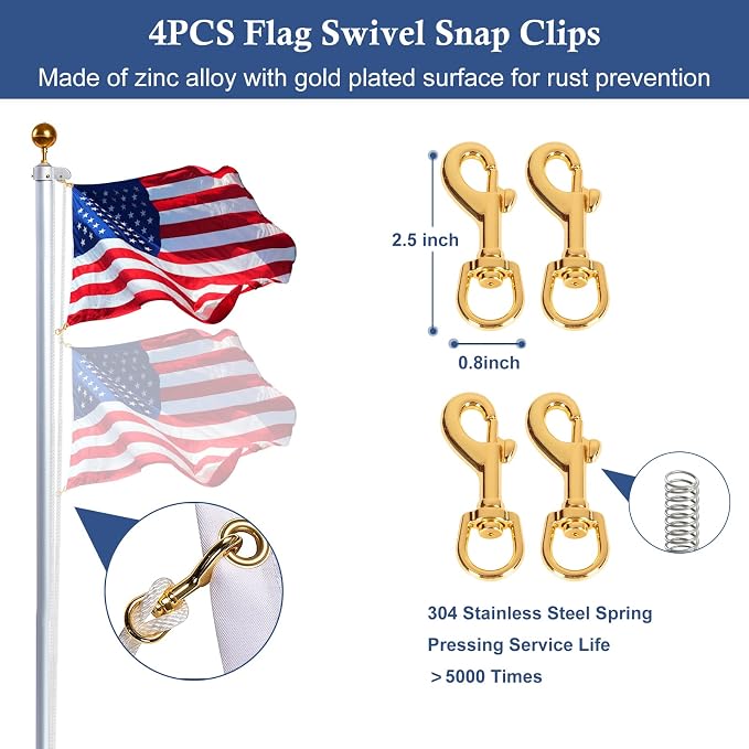 LumenX Complete Flagpole Repair Kit for 1.6"–2" Poles – 50FT Halyard Rope, Gold Ball, Pulley, Cleat & Swivel Clips