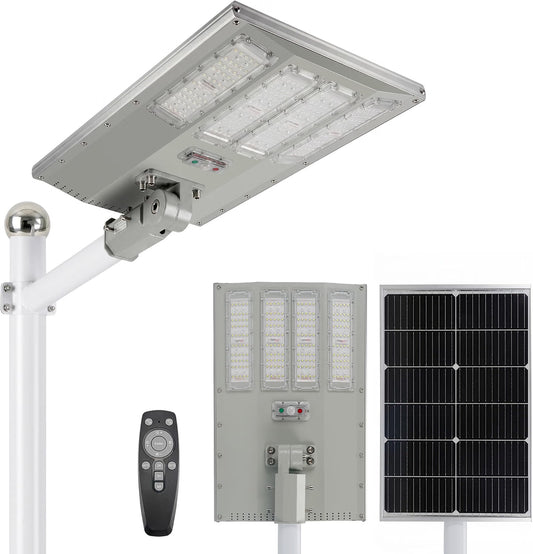 8500W Aluminum Frame Solar Street Light – 150,000LM, Motion Sensor, Dusk-to-Dawn, Remote Control, IP65